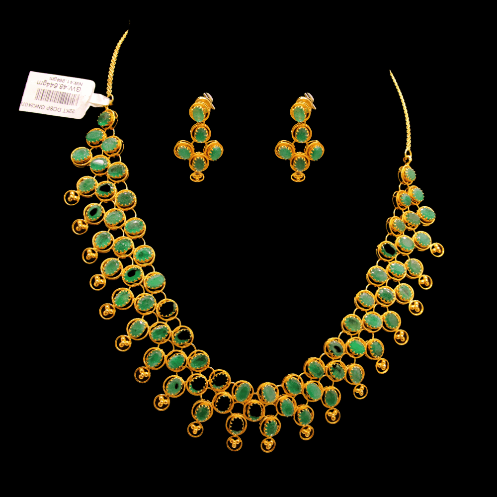 22k Gold Necklace Set With Natural Emerald Stone